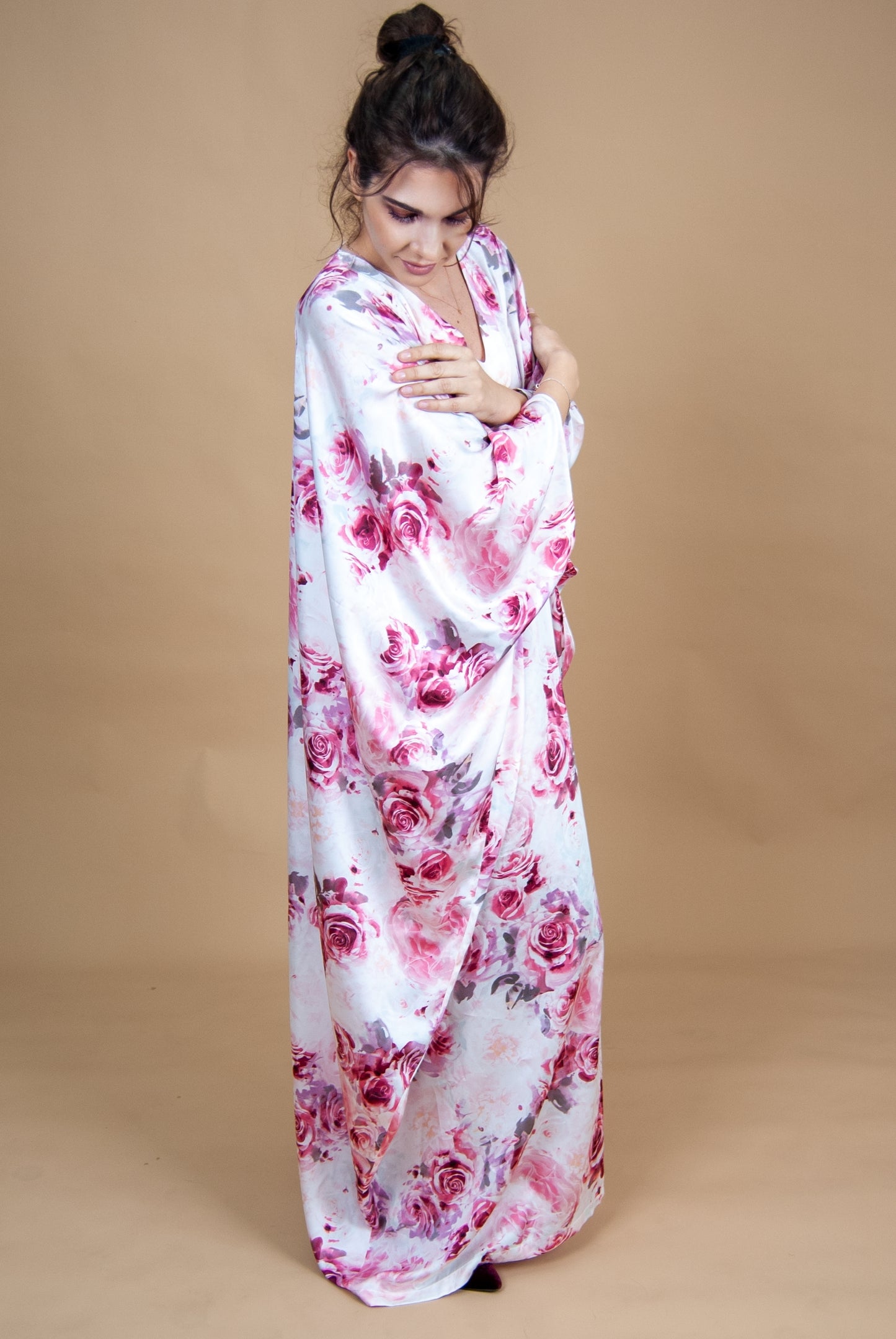 Rochie caftan, imprimeu roz-alb, one size