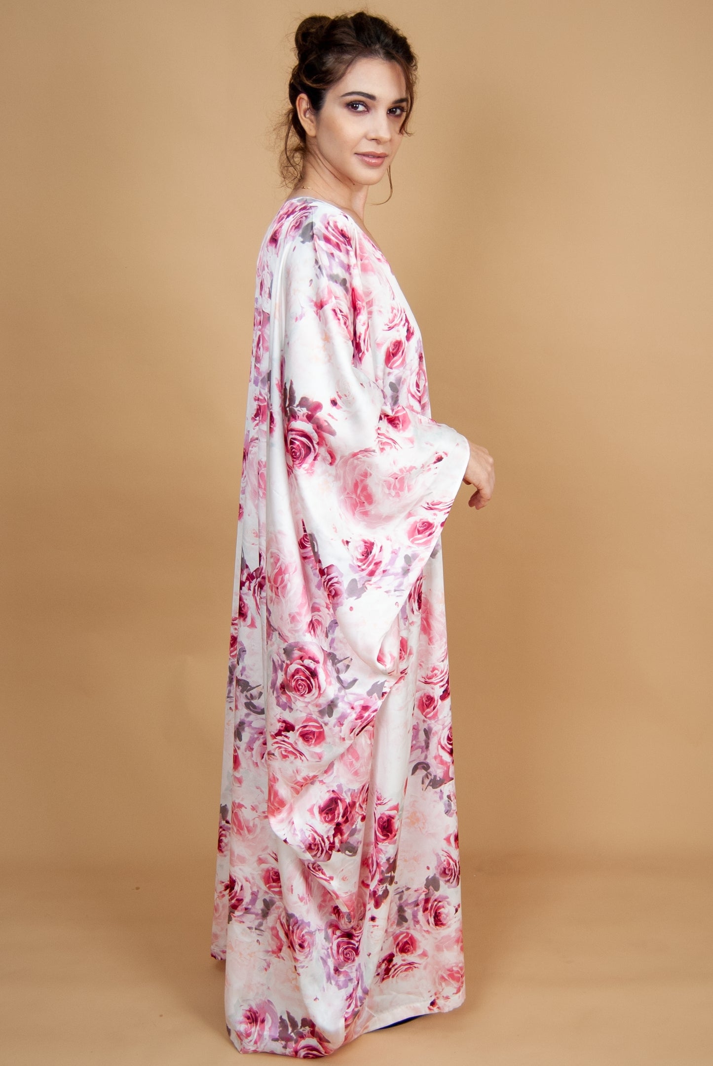 Rochie caftan, imprimeu roz-alb, one size