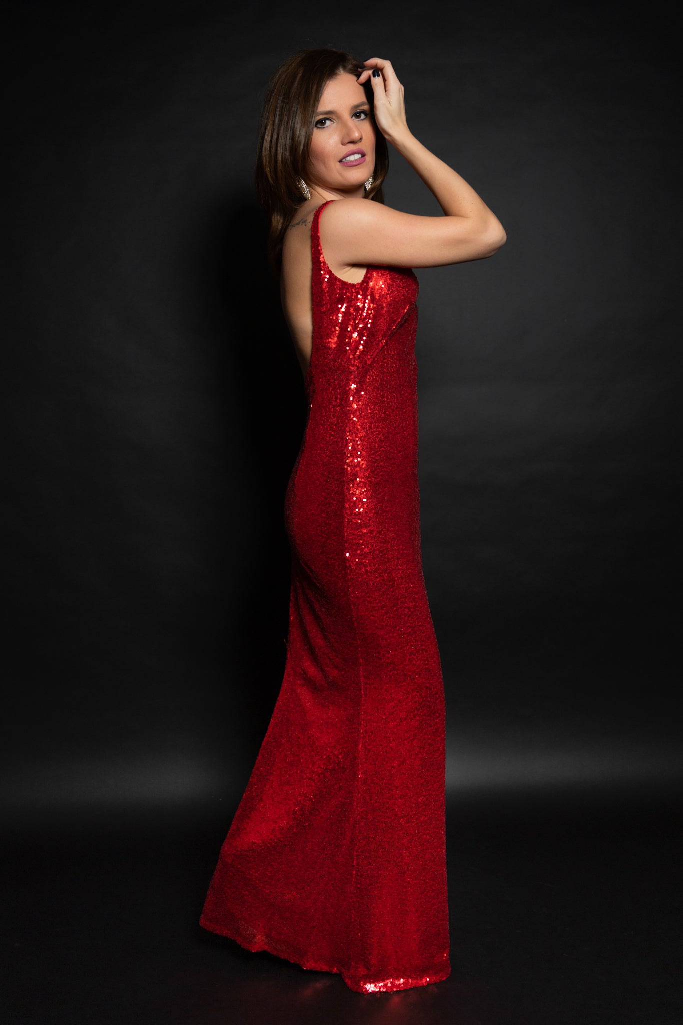 Rochie rosie lunga din paiete-Long sequin dress with soft, Alina Cristea Maralyn