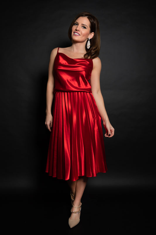 Rochie rosie plisata manual cu bretele ajustabile Alina Cristea Maralyn