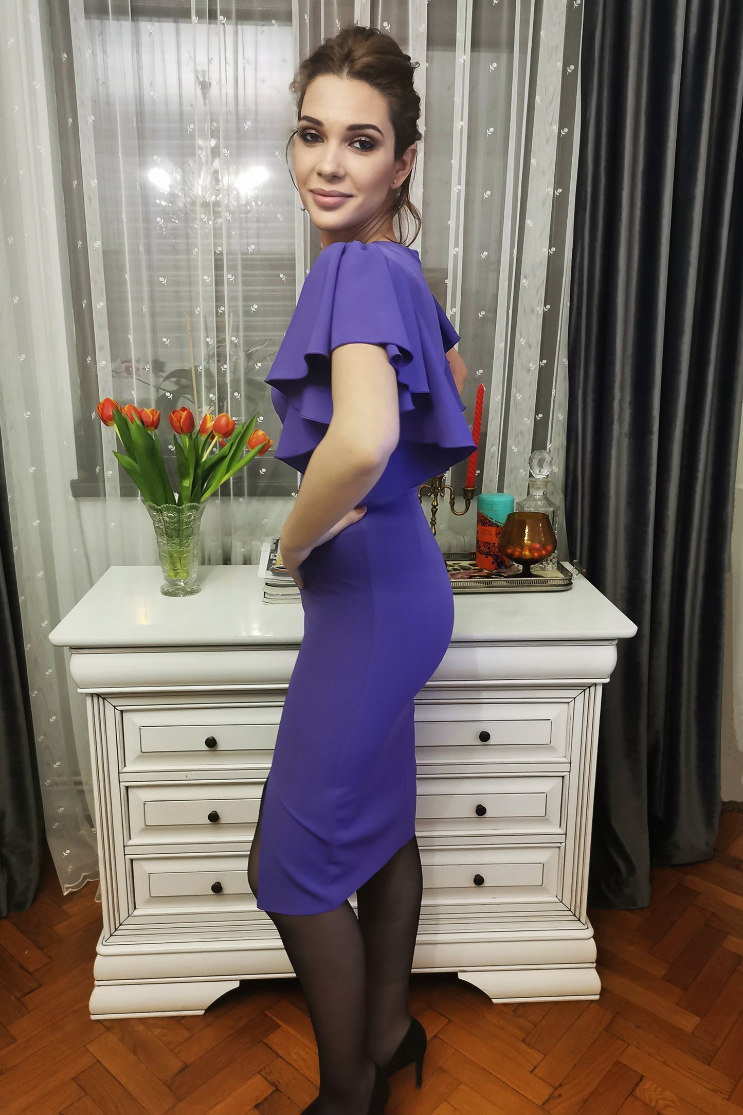 Purple Dress with Flowy Sleeve Ruffles