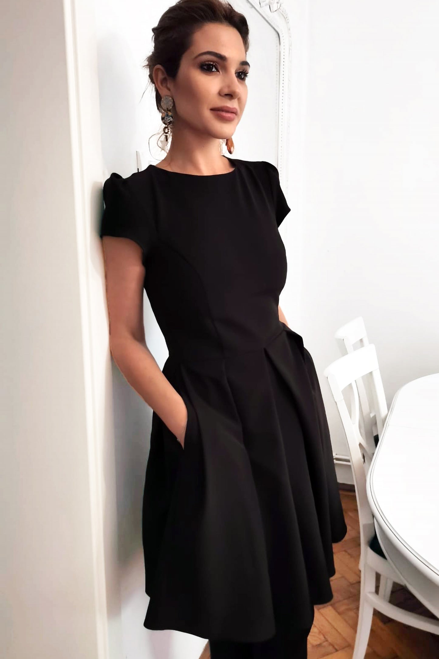 Black Dress with Pockets and Short Sleeves