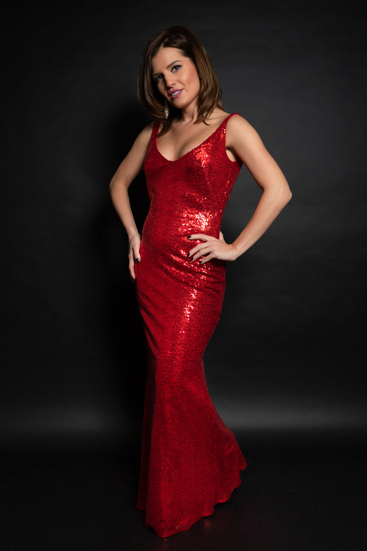 Rochie rosie lunga din paiete cu captuseala elastica Alina Cristea Maralyn