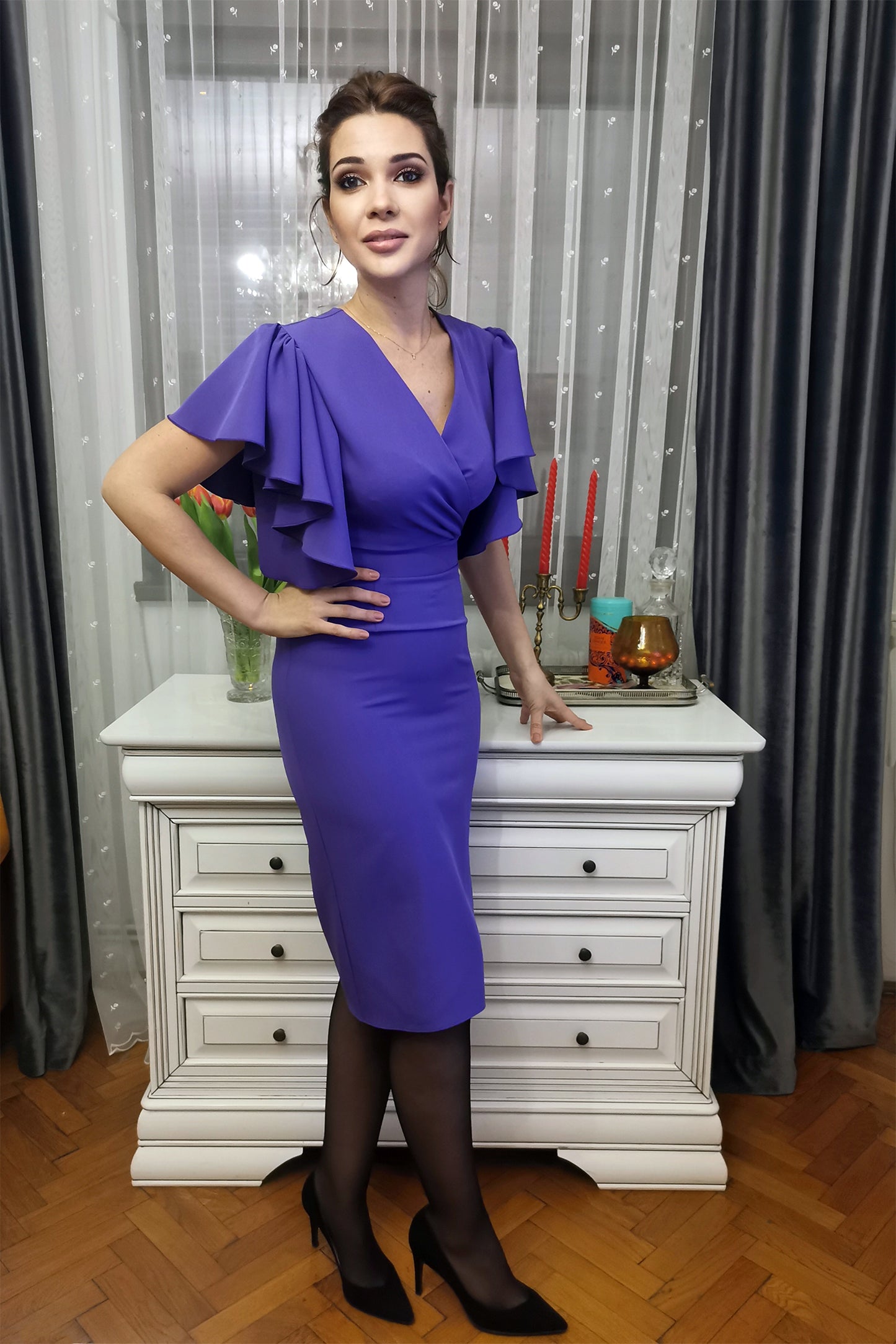 Purple Dress with Flowy Sleeve Ruffles