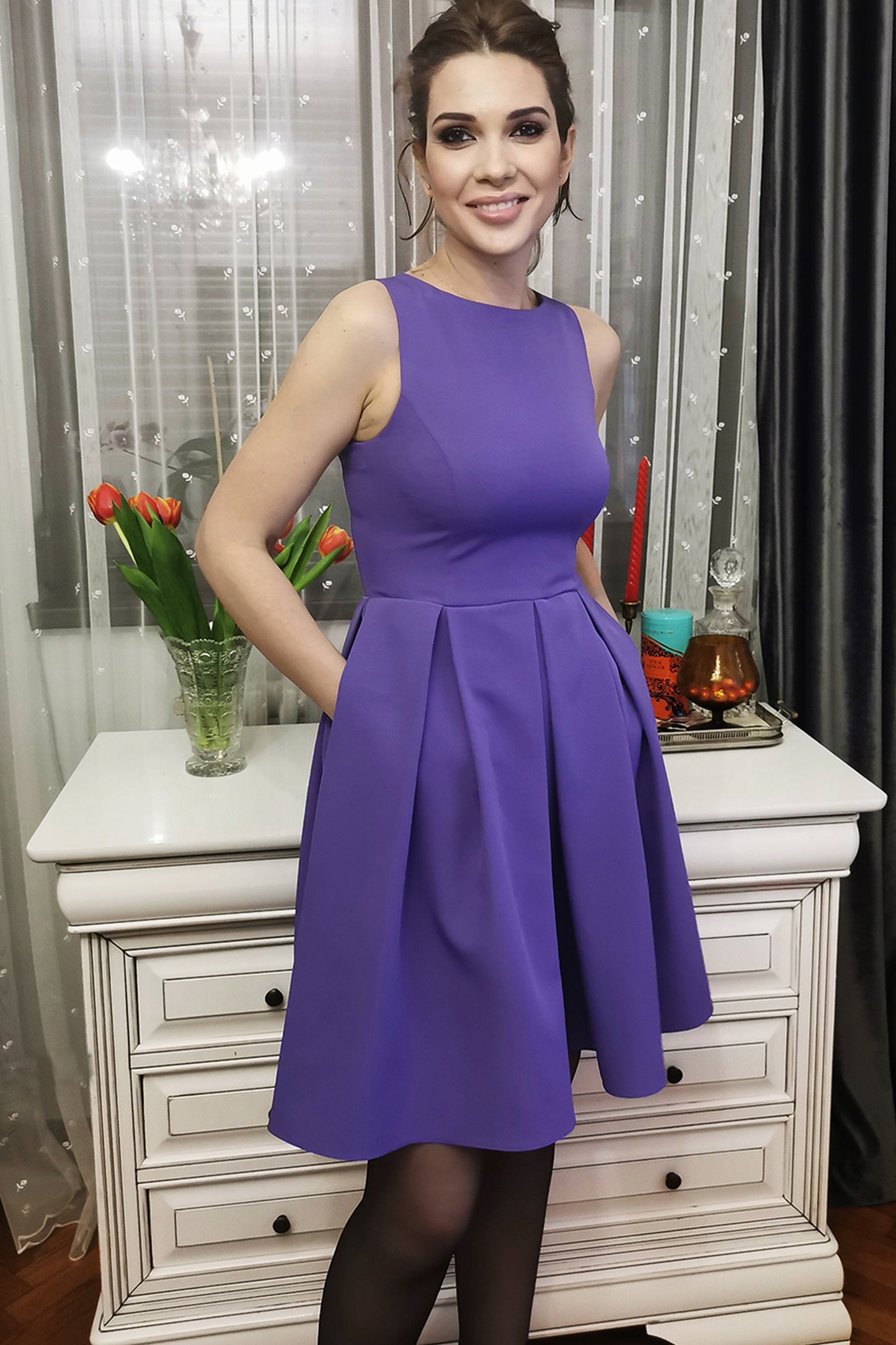 Purple Perfection: Dress with Delightful Details and Handy Pockets