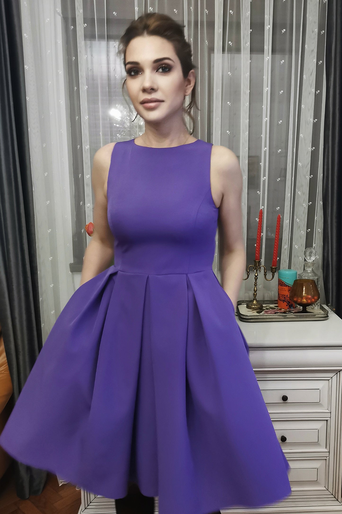 Purple Perfection: Dress with Delightful Details and Handy Pockets